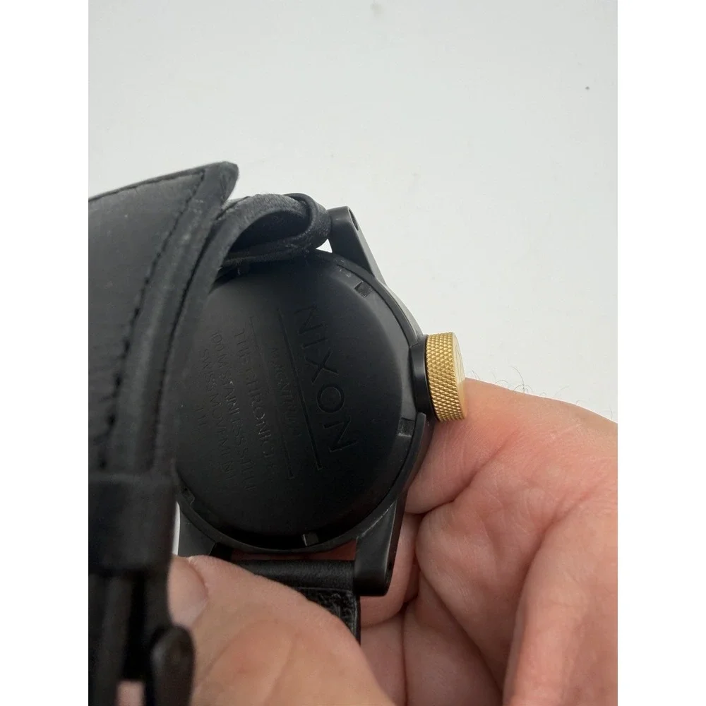 Nixon The Chronicle A127001 Magnified Date Black Men's Watch Leather Band